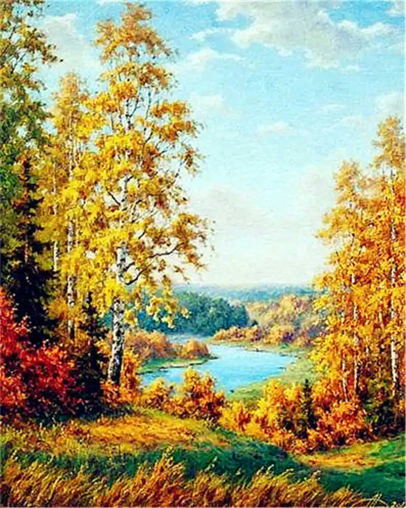 Paint by Number Tree Scene – Handpainted Autumn Landscape on Canvas, DIY Art Kit