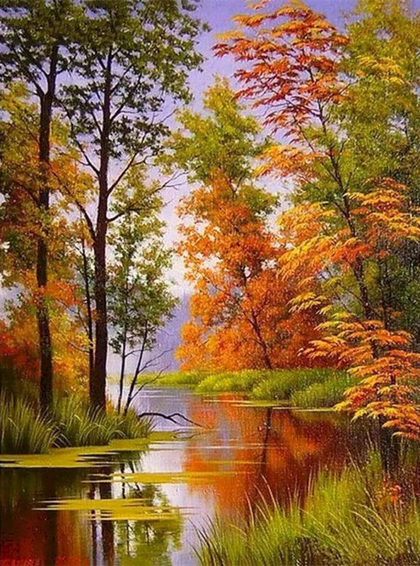 Paint by Number Tree Scene – Handpainted Autumn Landscape on Canvas, DIY Art Kit