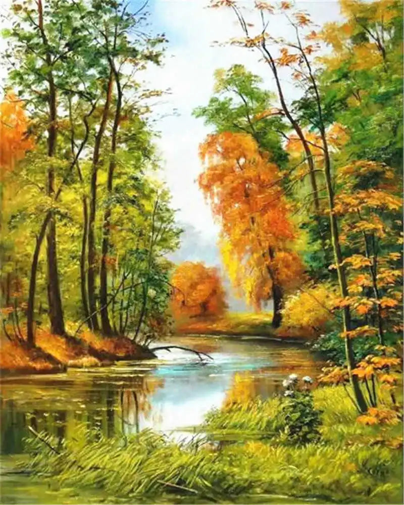 Paint by Number Tree Scene – Handpainted Autumn Landscape on Canvas, DIY Art Kit