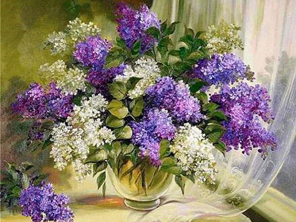 Handpainted Flower Drawing Kit – DIY Paint by Numbers on Canvas (Lilac Flower)