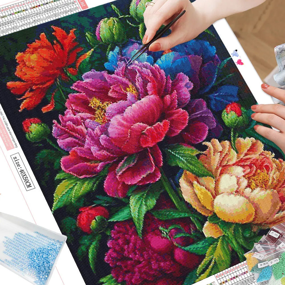 Diamond Painting Flower Kit – 5D Peony Design, Full Square/Round Drill Mosaic for Home Decoration