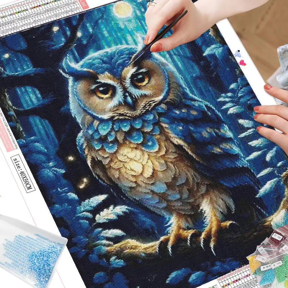 Owl Diamond Painting Cross Stitch Kit โ 5D DIY Mosaic Night Forest Art for Home Decoration
