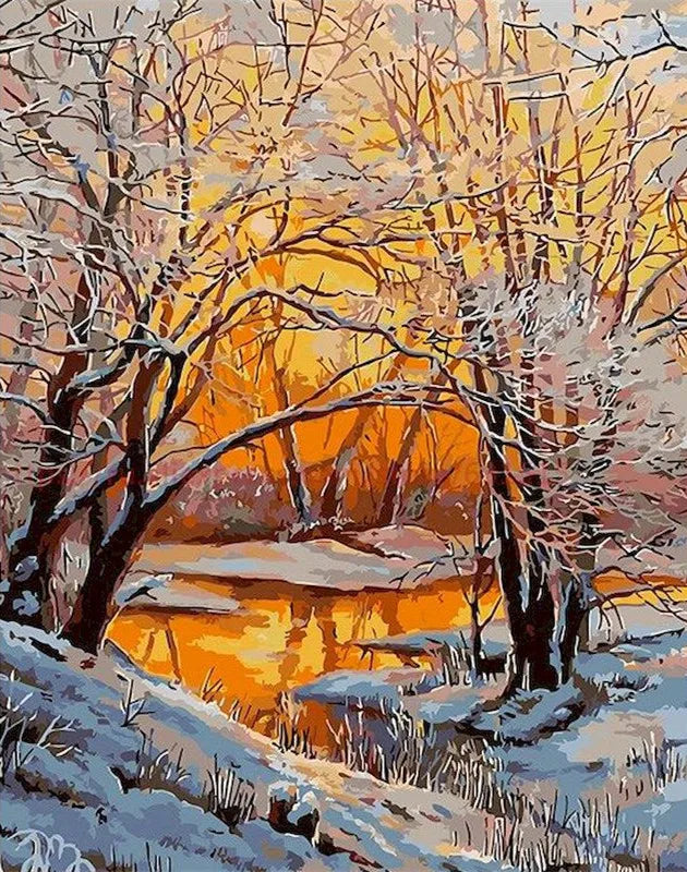 Paint by Number Tree Scene – Handpainted Autumn Landscape on Canvas, DIY Art Kit