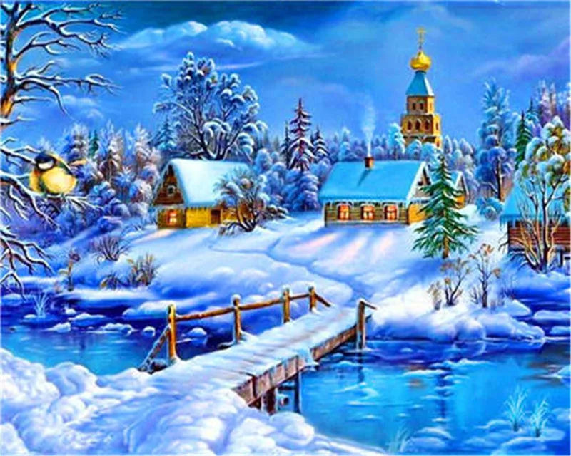 Winter Snow Landscape Paint by Numbers – DIY Oil Painting Kit with House Scene on Canvas