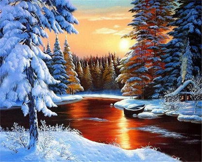 Winter Snow Landscape Paint by Numbers – DIY Oil Painting Kit with House Scene on Canvas