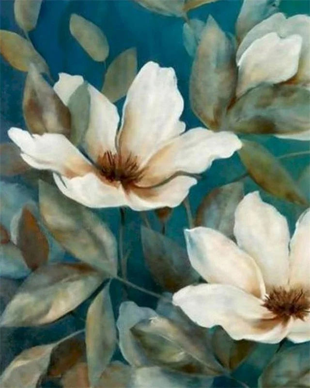 DIY Painting by Numbers Kit – White & Blue Flowers on Canvas, Home Decor & Gift Idea