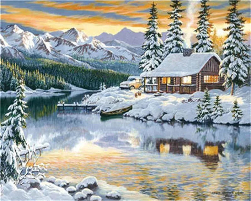 Winter Snow Landscape Paint by Numbers – DIY Oil Painting Kit with House Scene on Canvas