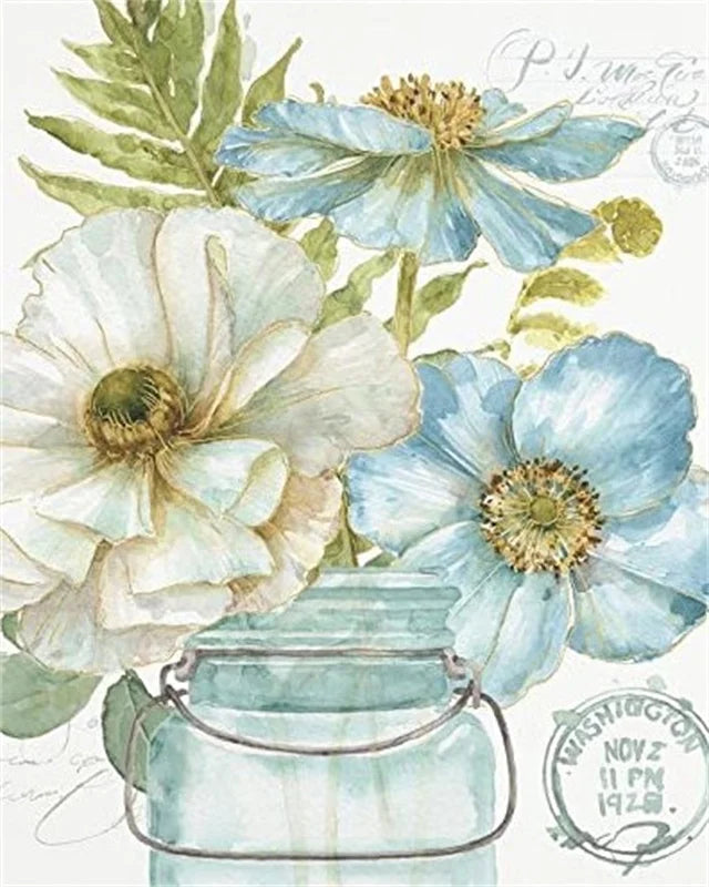 DIY Painting by Numbers Kit – White & Blue Flowers on Canvas, Home Decor & Gift Idea