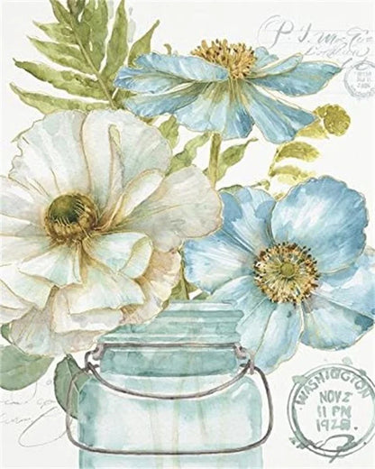 DIY Painting by Numbers Kit – White & Blue Flowers on Canvas, Home Decor & Gift Idea