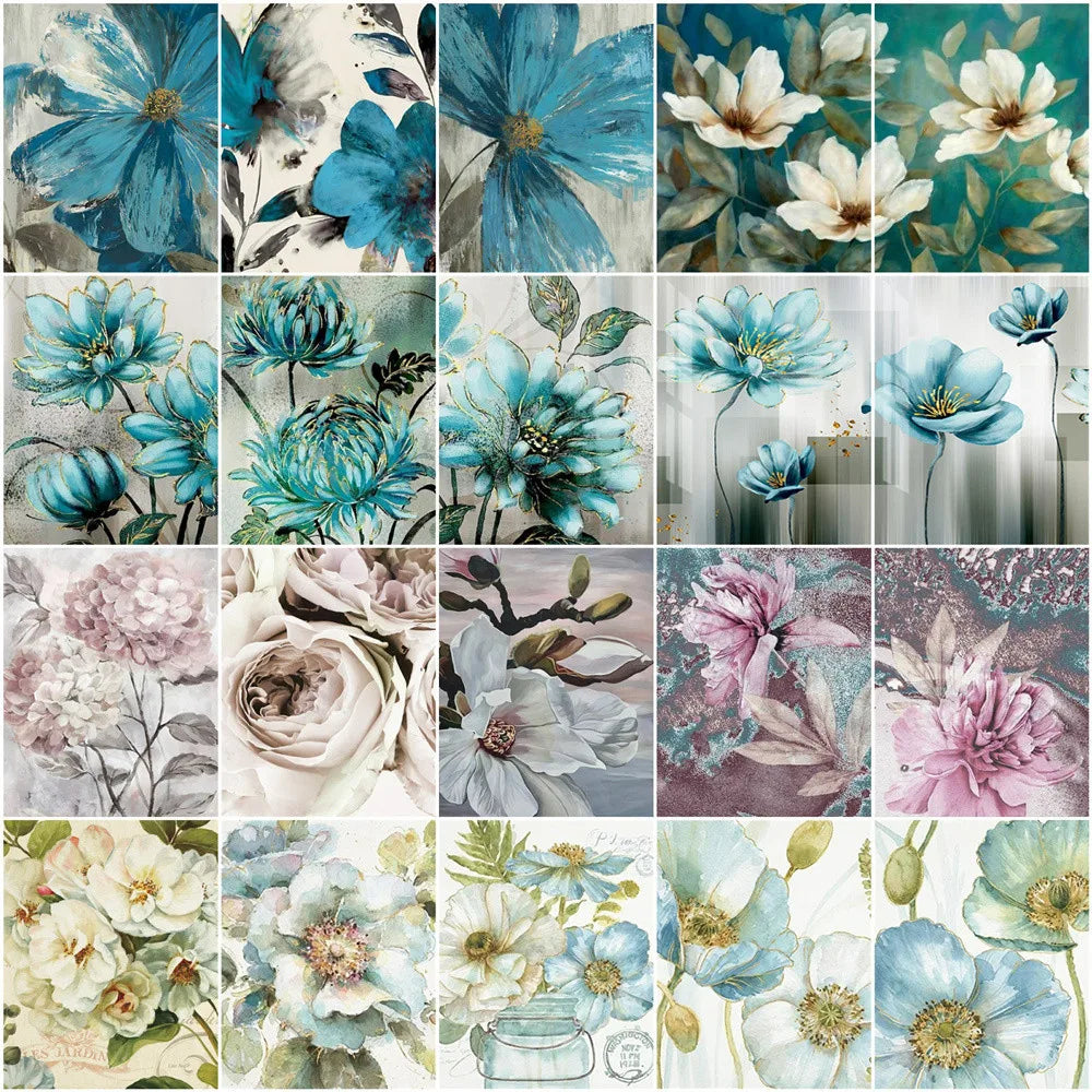 DIY Painting by Numbers Kit – White & Blue Flowers on Canvas, Home Decor & Gift Idea