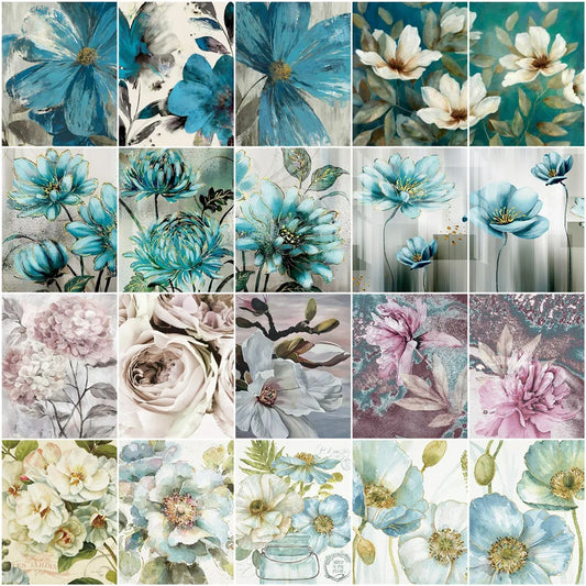 DIY Painting by Numbers Kit – White & Blue Flowers on Canvas, Home Decor & Gift Idea