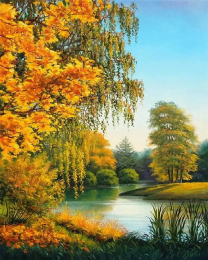 Paint by Number Tree Scene – Handpainted Autumn Landscape on Canvas, DIY Art Kit