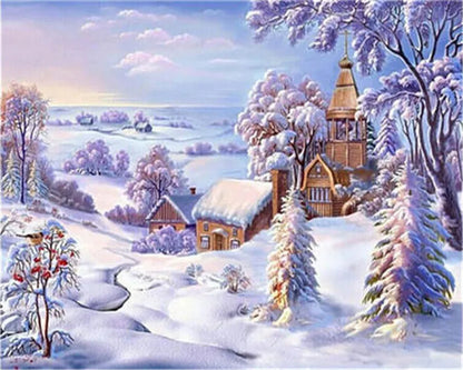 Winter Snow Landscape Paint by Numbers – DIY Oil Painting Kit with House Scene on Canvas