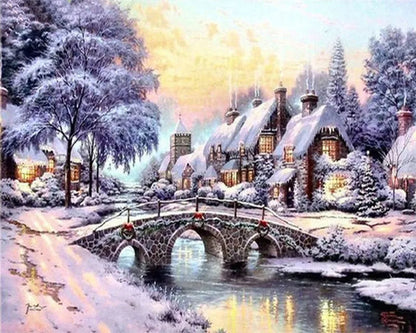 Winter Snow Landscape Paint by Numbers – DIY Oil Painting Kit with House Scene on Canvas