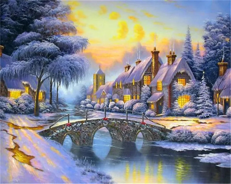 Winter Snow Landscape Paint by Numbers – DIY Oil Painting Kit with House Scene on Canvas