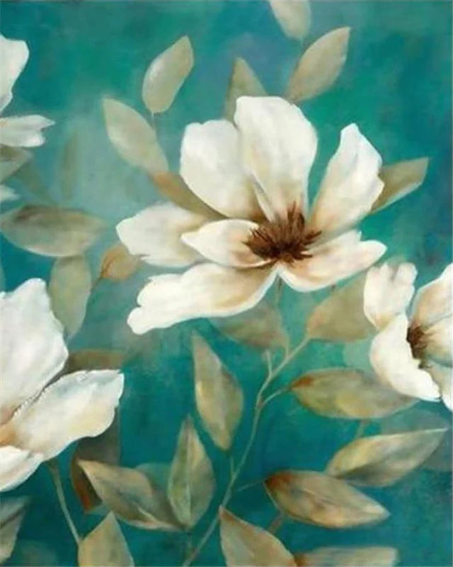DIY Painting by Numbers Kit – White & Blue Flowers on Canvas, Home Decor & Gift Idea