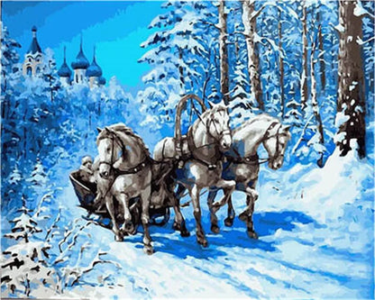 Winter Snow Landscape Paint by Numbers – DIY Oil Painting Kit with House Scene on Canvas