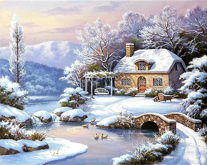 Winter Snow Landscape Paint by Numbers – DIY Oil Painting Kit with House Scene on Canvas