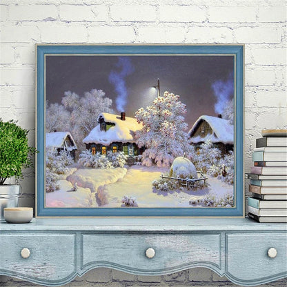 Winter Snow Landscape Paint by Numbers – DIY Oil Painting Kit with House Scene on Canvas
