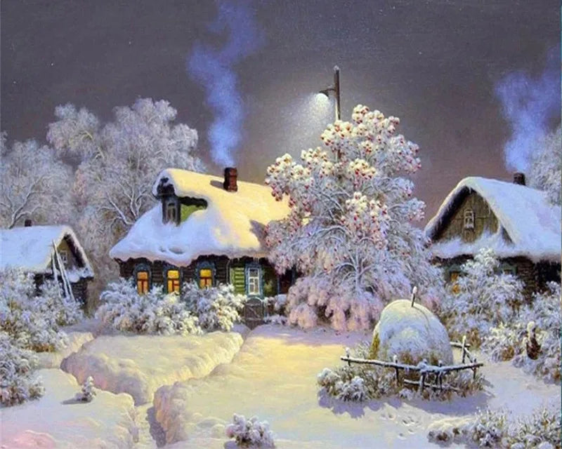 Winter Snow Landscape Paint by Numbers – DIY Oil Painting Kit with House Scene on Canvas