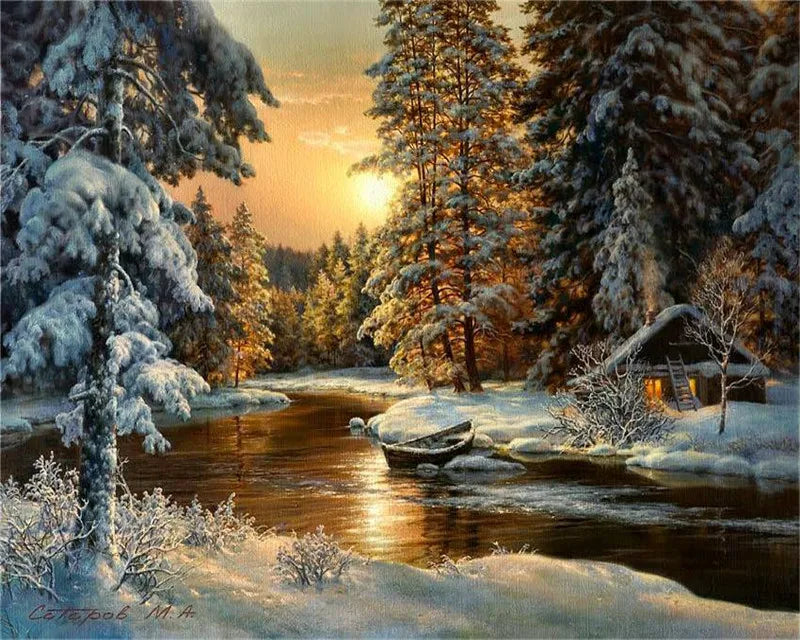 Winter Snow Landscape Paint by Numbers – DIY Oil Painting Kit with House Scene on Canvas