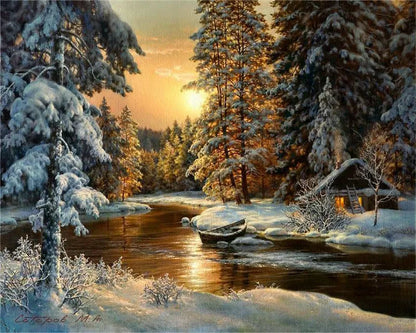 Winter Snow Landscape Paint by Numbers – DIY Oil Painting Kit with House Scene on Canvas