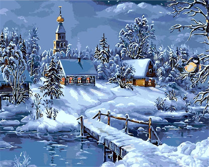 Winter Snow Landscape Paint by Numbers – DIY Oil Painting Kit with House Scene on Canvas