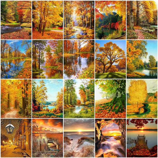 Paint by Number Tree Scene – Handpainted Autumn Landscape on Canvas, DIY Art Kit