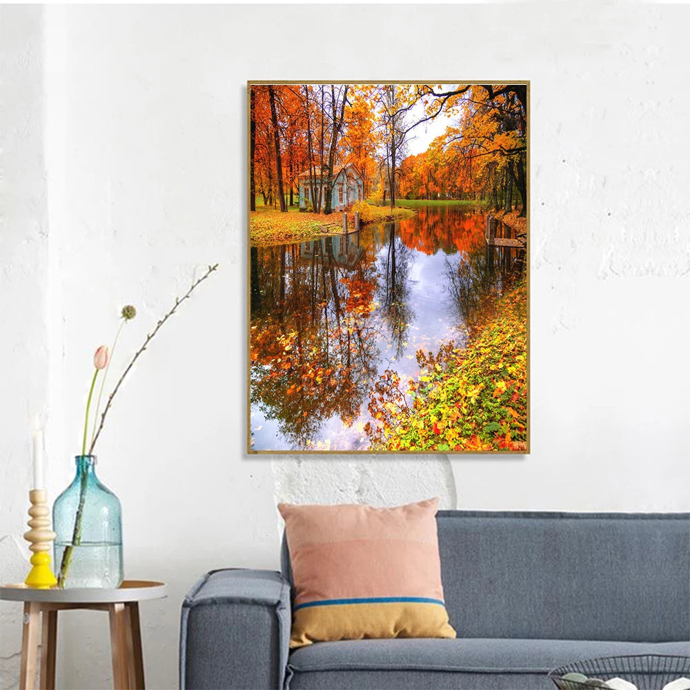 Paint by Number Tree Scene – Handpainted Autumn Landscape on Canvas, DIY Art Kit