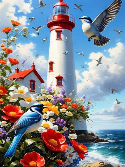 Home Decoration Craft Kit – 2025 Sea Landscape Diamond Painting with Lighthouse and Floral Embroidery