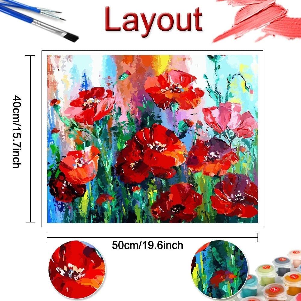 DIY Oil Painting by Numbers – Red Flower Poppy Canvas Art with Frame, Unique Gift for Home Decor