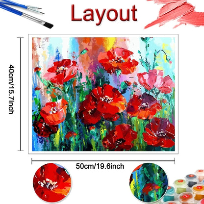 DIY Oil Painting by Numbers – Red Flower Poppy Canvas Art with Frame, Unique Gift for Home Decor