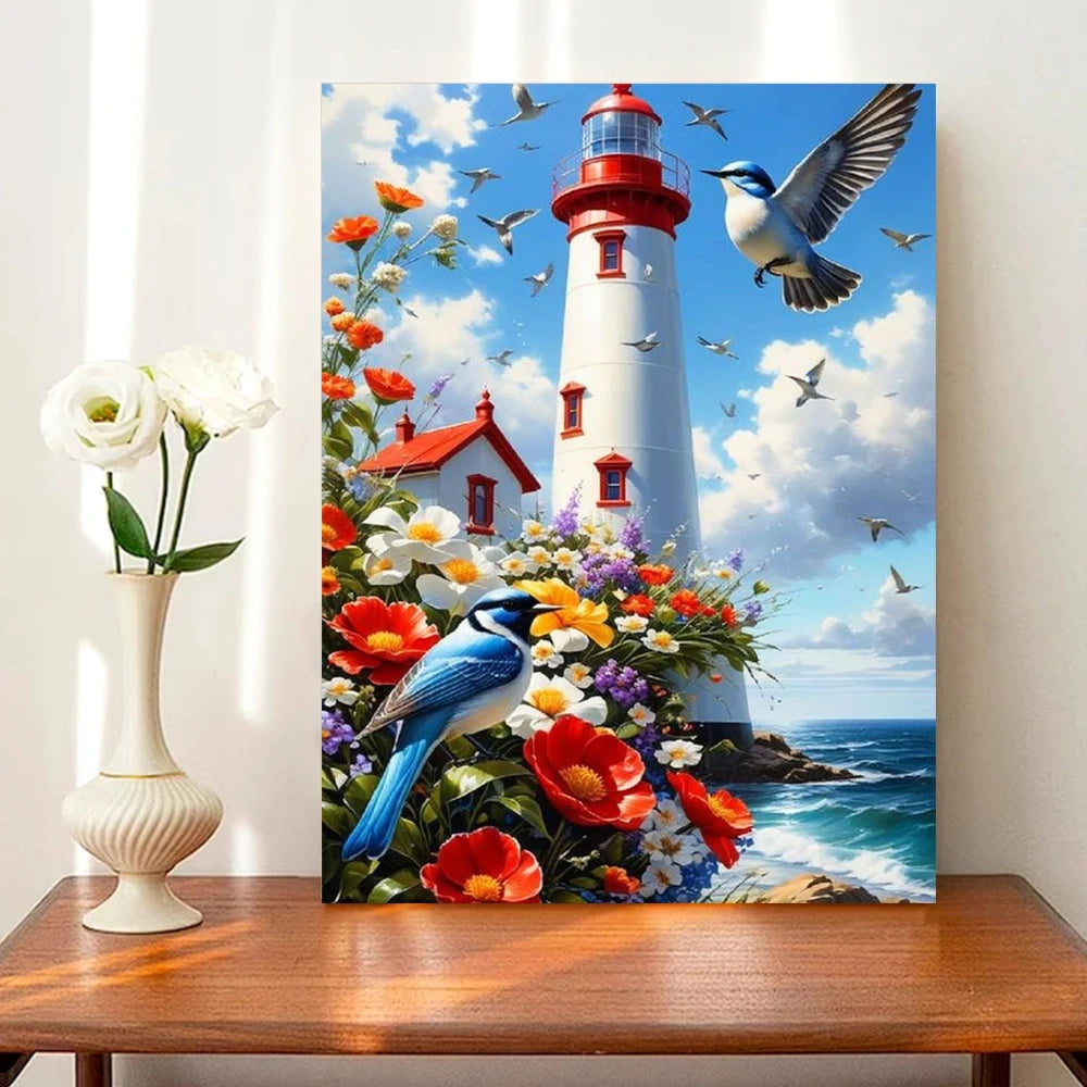 Home Decoration Craft Kit – 2025 Sea Landscape Diamond Painting with Lighthouse and Floral Embroidery