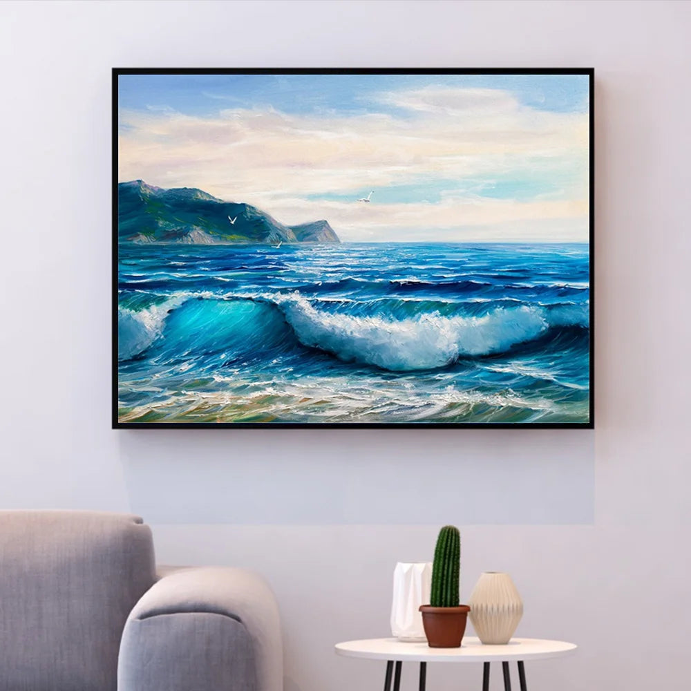 Seascape Paint by Numbers – DIY Sea Scene Canvas Kit, Hand Painted for Home Decoration