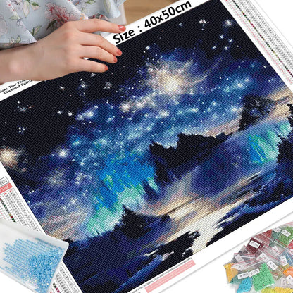 5D DIY Diamond Painting – Aurora Landscape with AB Drills, Starry Sky Mosaic Art for Decoration
