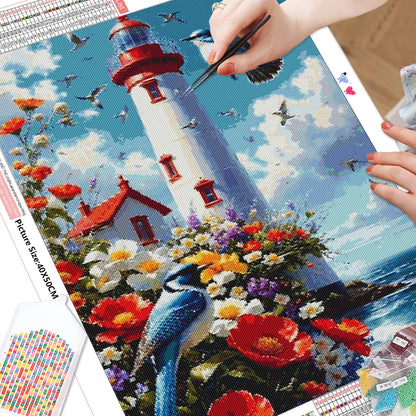 Home Decoration Craft Kit – 2025 Sea Landscape Diamond Painting with Lighthouse and Floral Embroidery