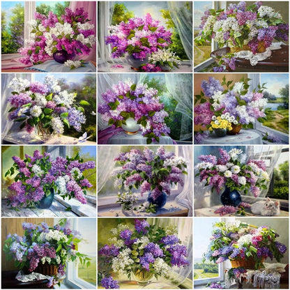 Handpainted Flower Drawing Kit – DIY Paint by Numbers on Canvas (Lilac Flower)
