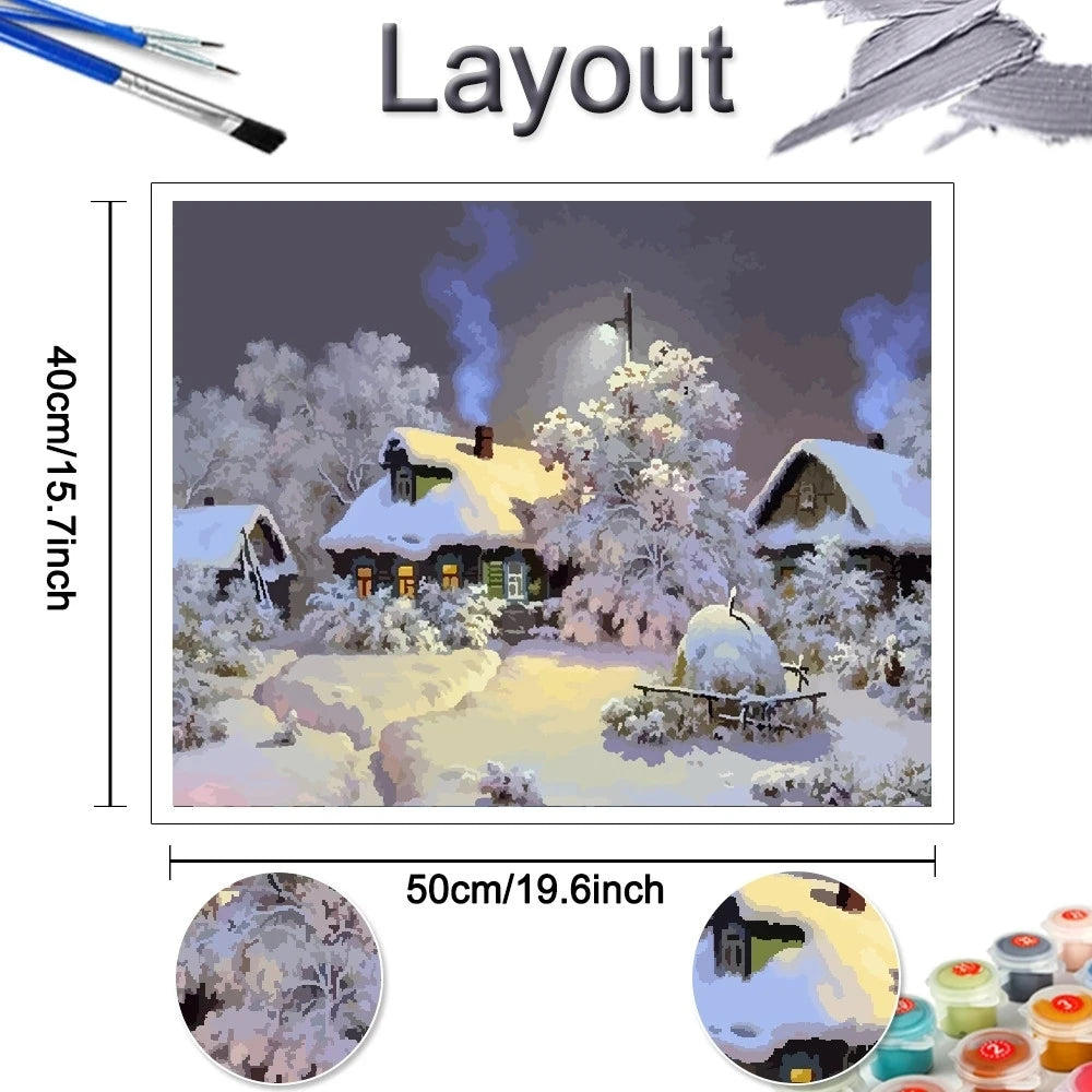 Winter Snow Landscape Paint by Numbers – DIY Oil Painting Kit with House Scene on Canvas