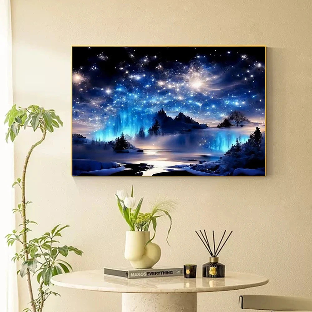5D DIY Diamond Painting – Aurora Landscape with AB Drills, Starry Sky Mosaic Art for Decoration