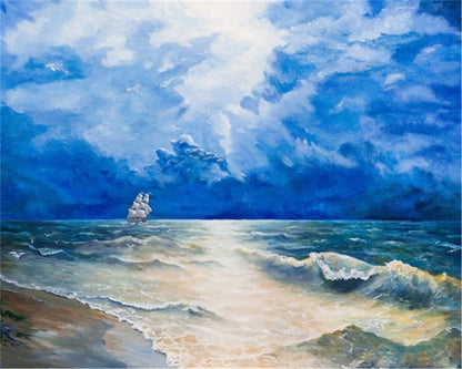Seascape Paint by Numbers – DIY Sea Scene Canvas Kit, Hand Painted for Home Decoration
