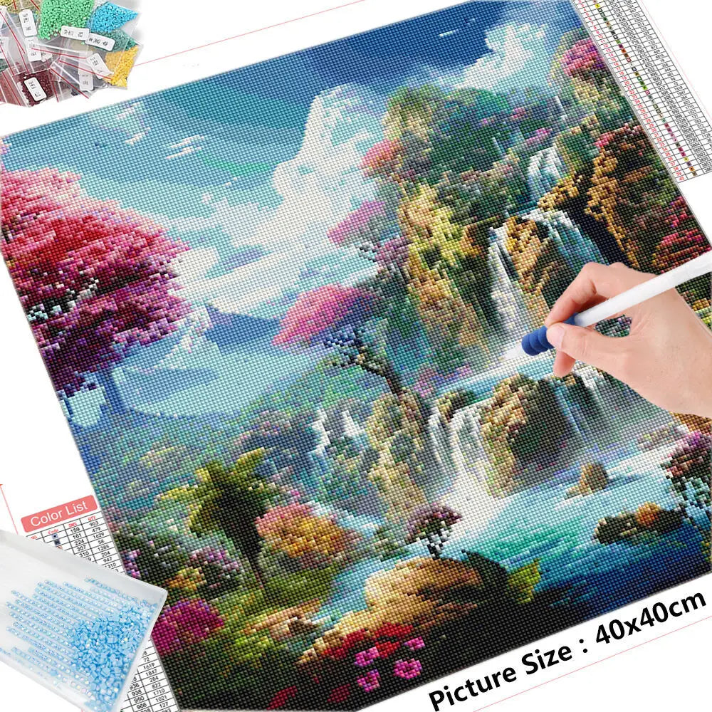Waterfall Scene Diamond Painting – Full Drill 5D Mosaic (Square/Round), DIY Cross Stitch for Home Decoration