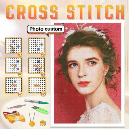 Photo to Cross Stitch Kit – 11CT/14CT Printed or Counted Canvas, DIY Embroidery with DMC Cotton/Silk Thread
