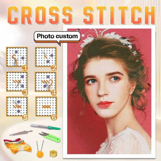Photo to Cross Stitch Kit – 11CT/14CT Printed or Counted Canvas, DIY Embroidery with DMC Cotton/Silk Thread