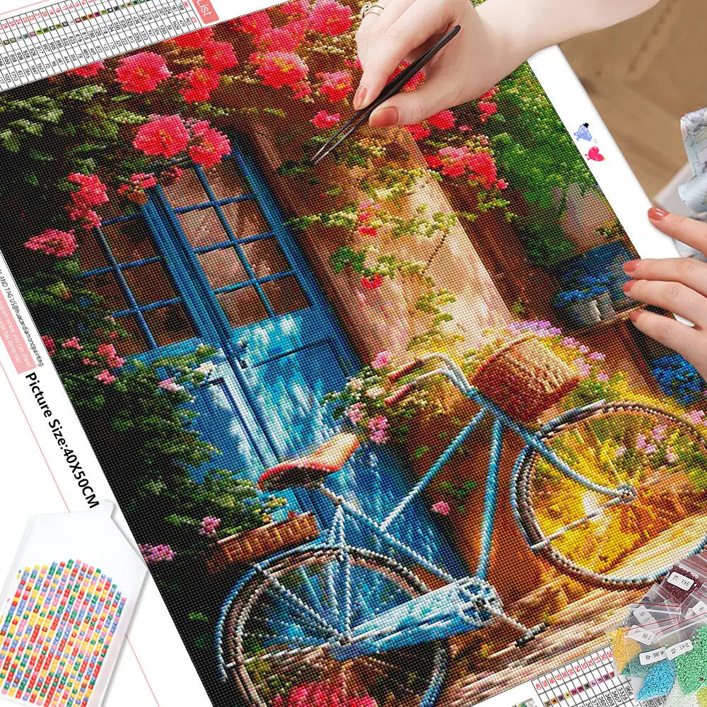 5D Diamond Painting Kit – Garden Bicycle Embroidery, Full Diamond Mosaic Landscape, New Art Wall Decor