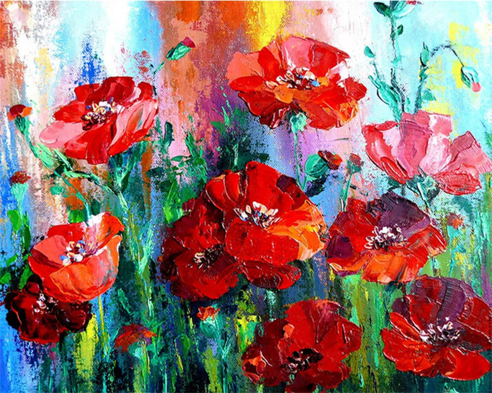 DIY Oil Painting by Numbers – Red Flower Poppy Canvas Art with Frame, Unique Gift for Home Decor