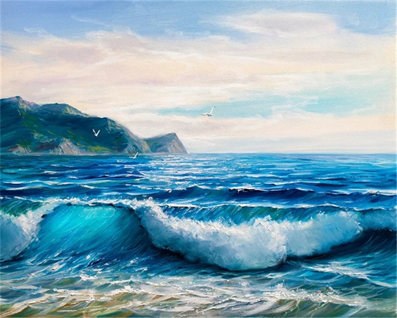 Seascape Paint by Numbers – DIY Sea Scene Canvas Kit, Hand Painted for Home Decoration