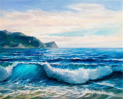 Seascape Paint by Numbers – DIY Sea Scene Canvas Kit, Hand Painted for Home Decoration