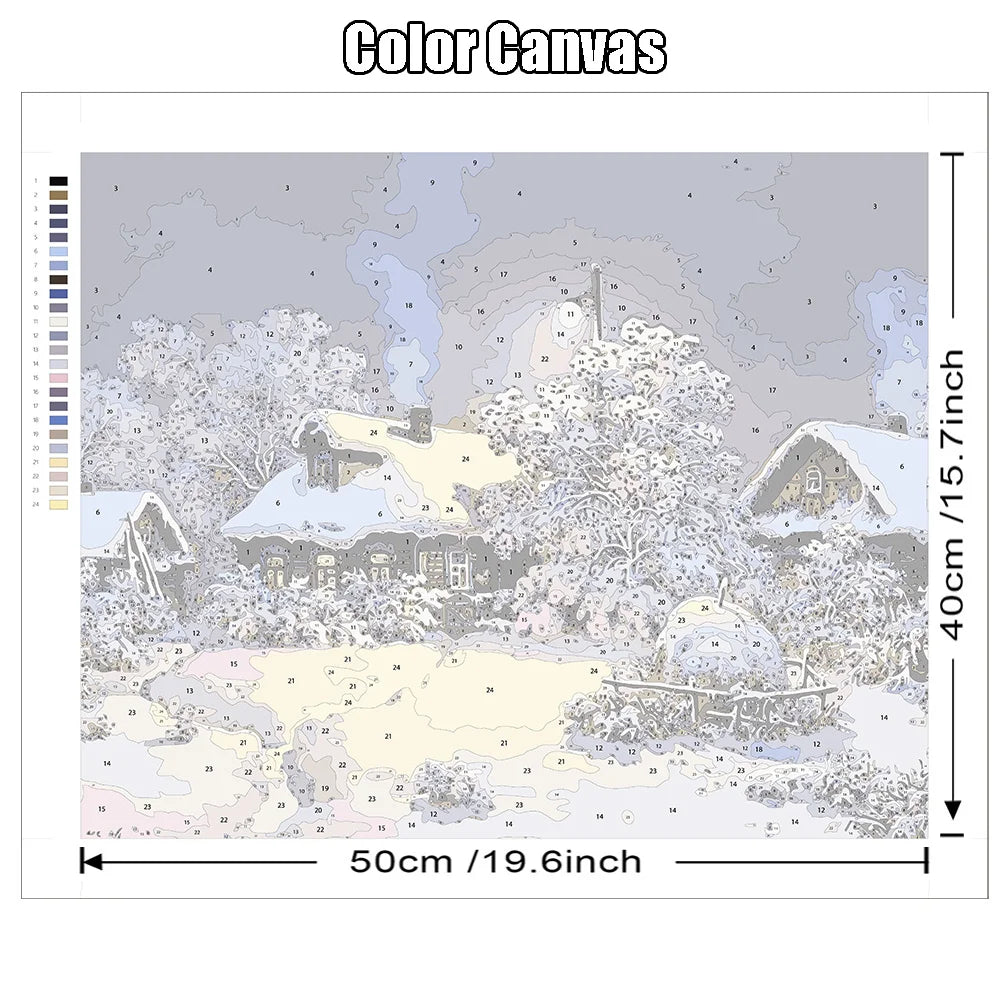 Winter Snow Landscape Paint by Numbers – DIY Oil Painting Kit with House Scene on Canvas