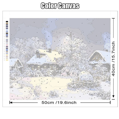Winter Snow Landscape Paint by Numbers – DIY Oil Painting Kit with House Scene on Canvas