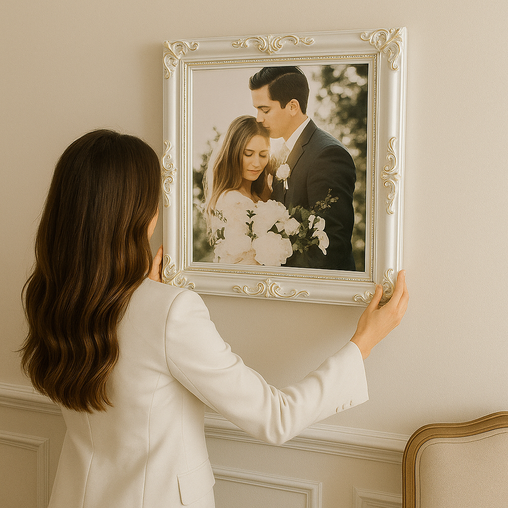 Woman adjusting a framed photograph of a couple on a wall.